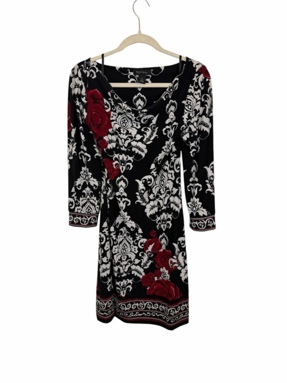 White House Black Market Black Dress with White Damask and Red Rose Accents